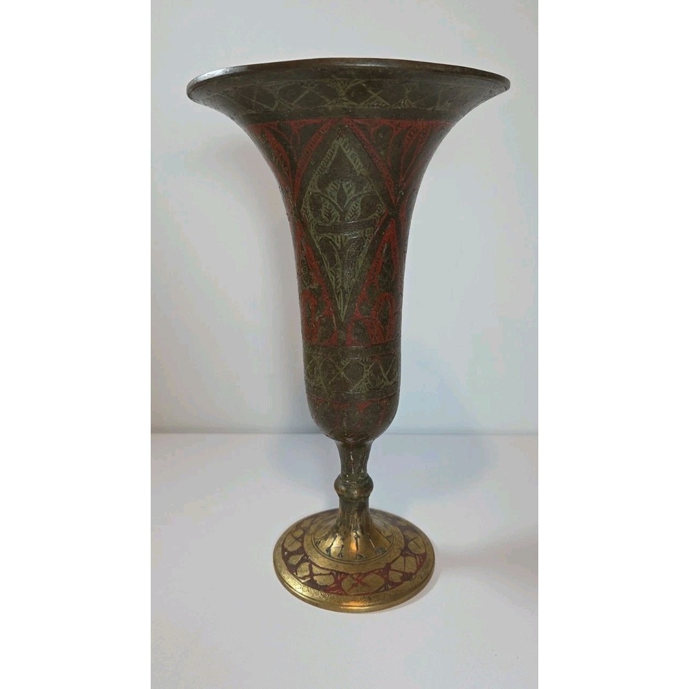 Vintage Brass Etched & Hand‎ Painted Trumpet Styled Vase Made in India